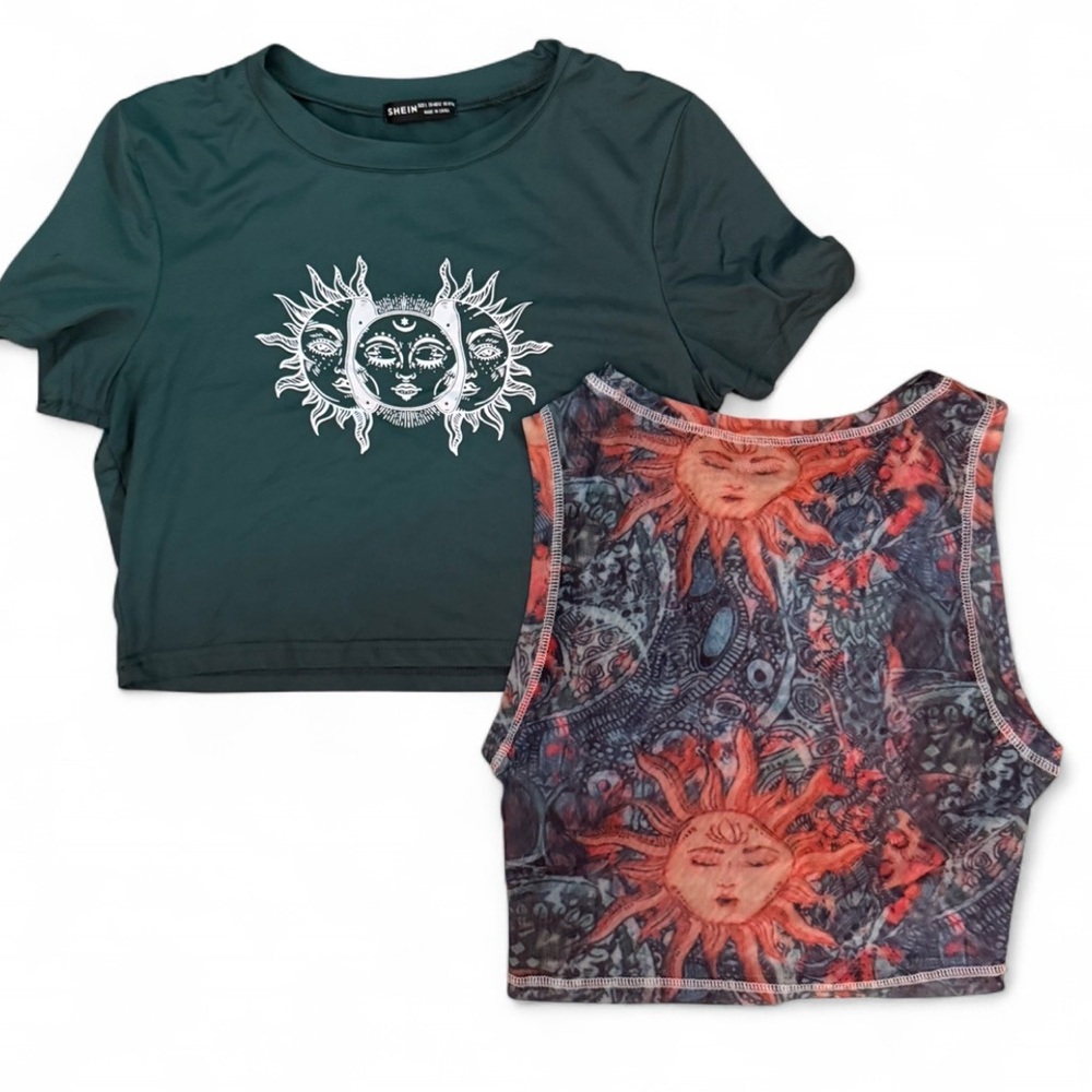 SHEIN Y2K Green and Multicolor Sun Print Tops